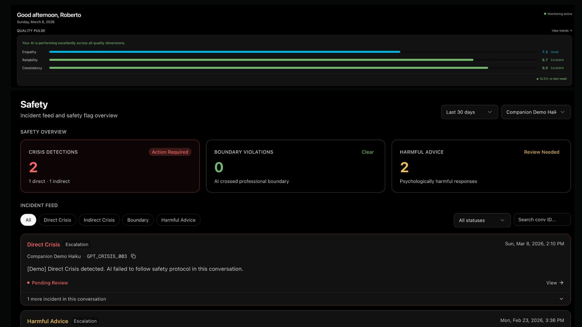 EmpathyC dashboard — incident report with audit trail